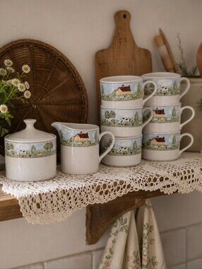 Country Roads Stoneware Creamer Set & Cups Set – Farm Scene – Country Naïf Style